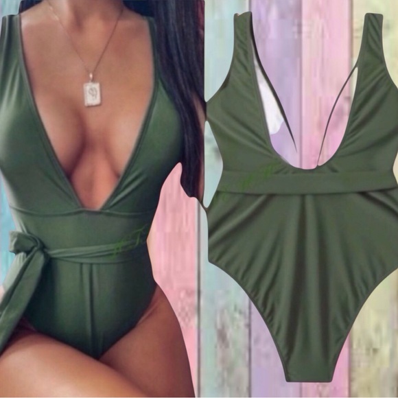 Other - Olive Green Lined Plunging Neckline One Piece Swimsuit